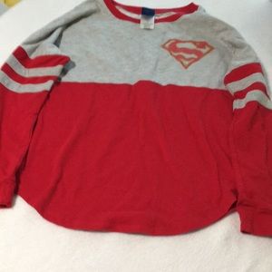 DC Comics Superman long sleeved grey & red gold trimmed letters t shirt size S
